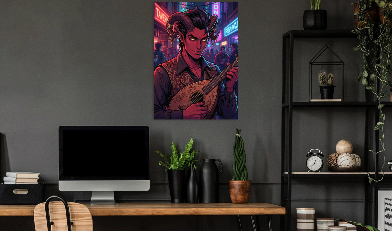 Tiefling Bard Playing Lute in Tavern — metal poster wall art by Lineer